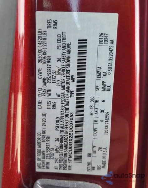 2014 Ford Escape Se z USA, uszkodzony, nr VIN 1FMCU0GX2EUC07053